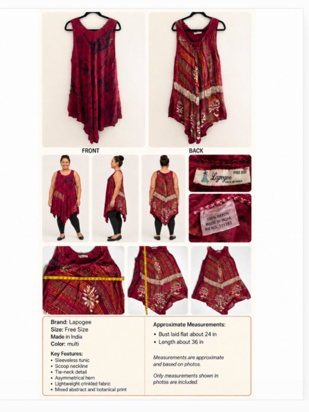 Lapogee Boho Batik Sleeveless Asymmetrical Tunic Top Dress Burgundy Free Size